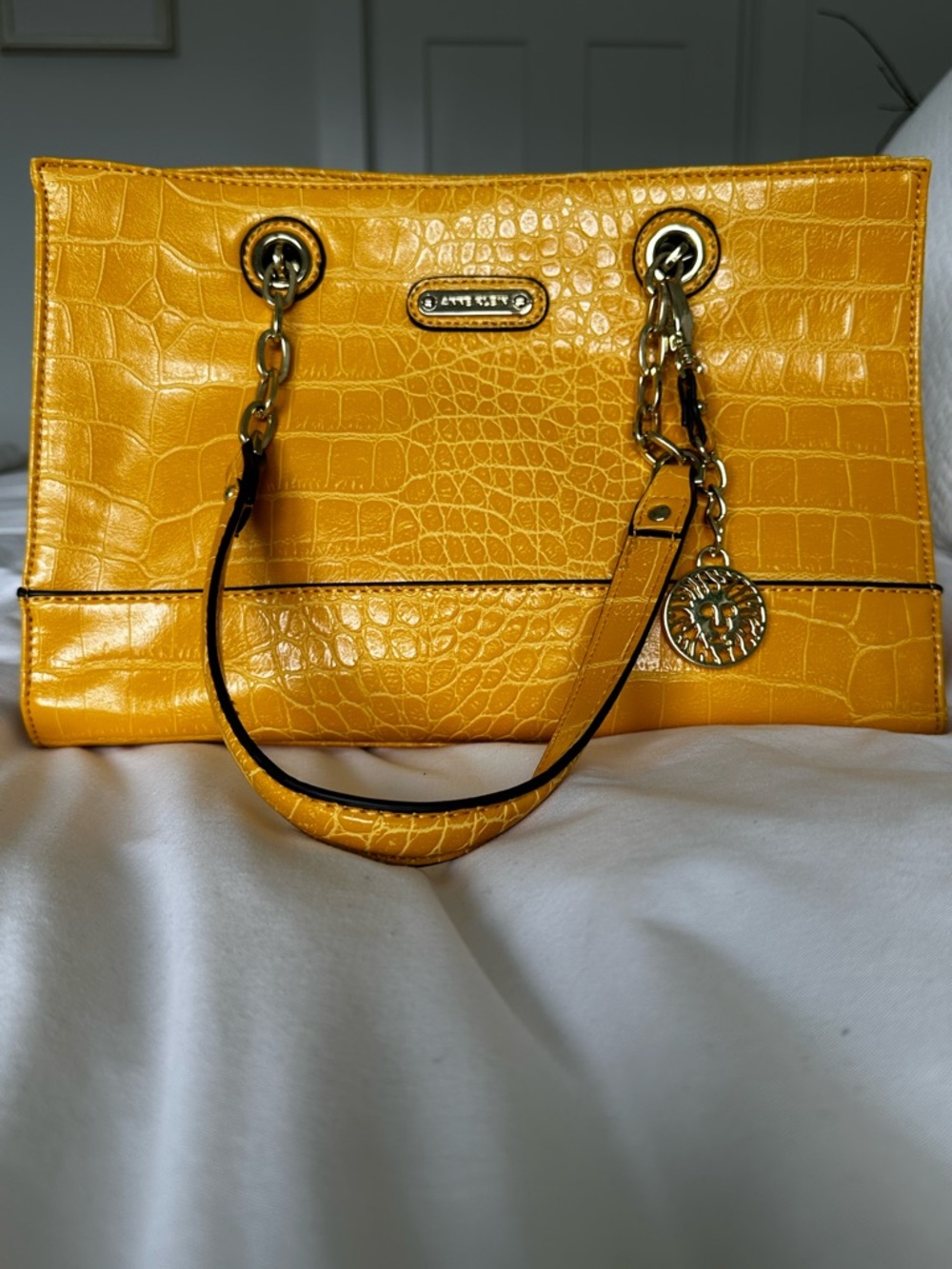 Anne Klein Yellow Croc-Embossed Tote with Gold Hardware